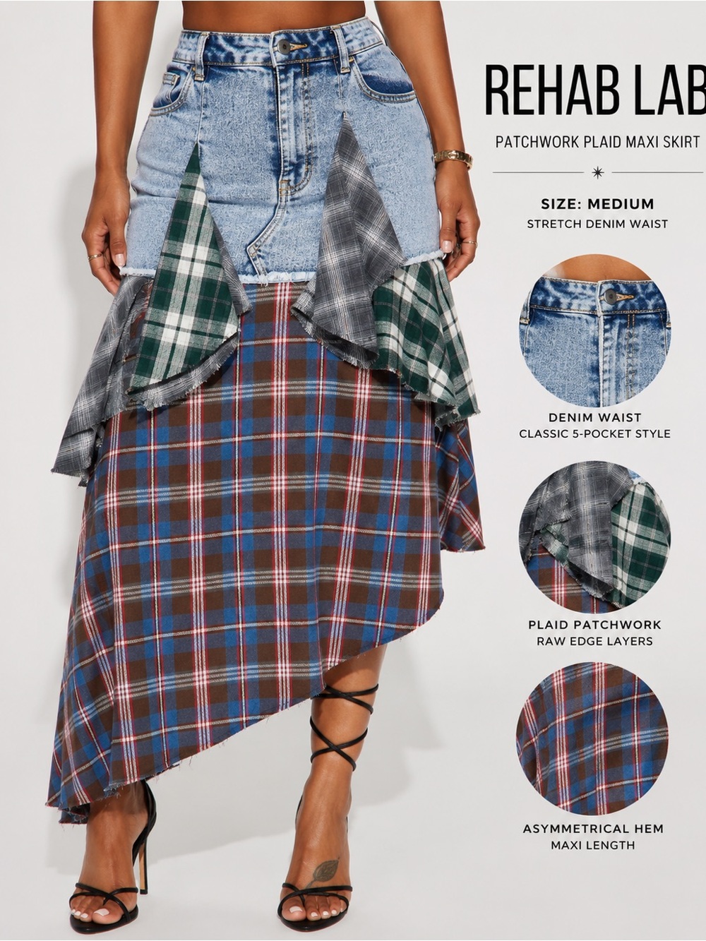 REHAB LAB Patchwork Plaid Denim Maxi Skirt Grunge Y2K Avant Asymmetrical Size M
